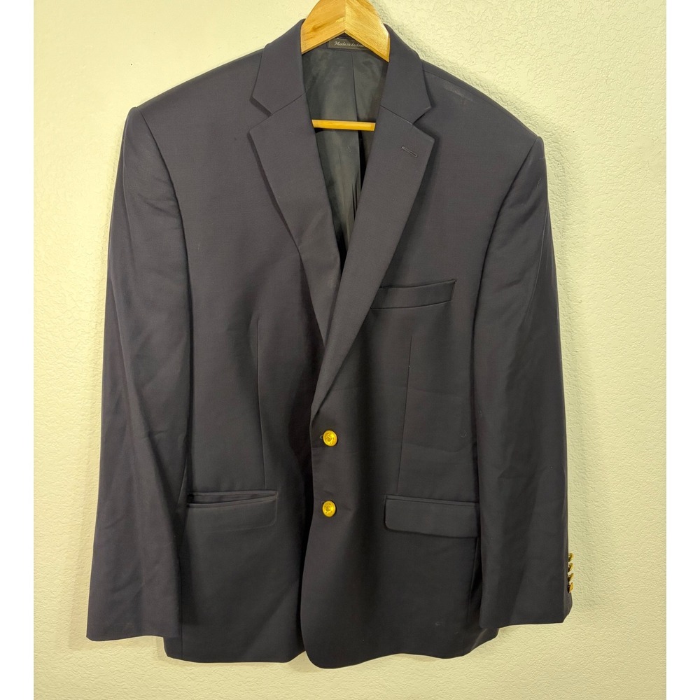 Lauren Ralph Lauren Mens 46R Navy Blue 100% Wool Blazer Gold Crest Buttons 46 R
